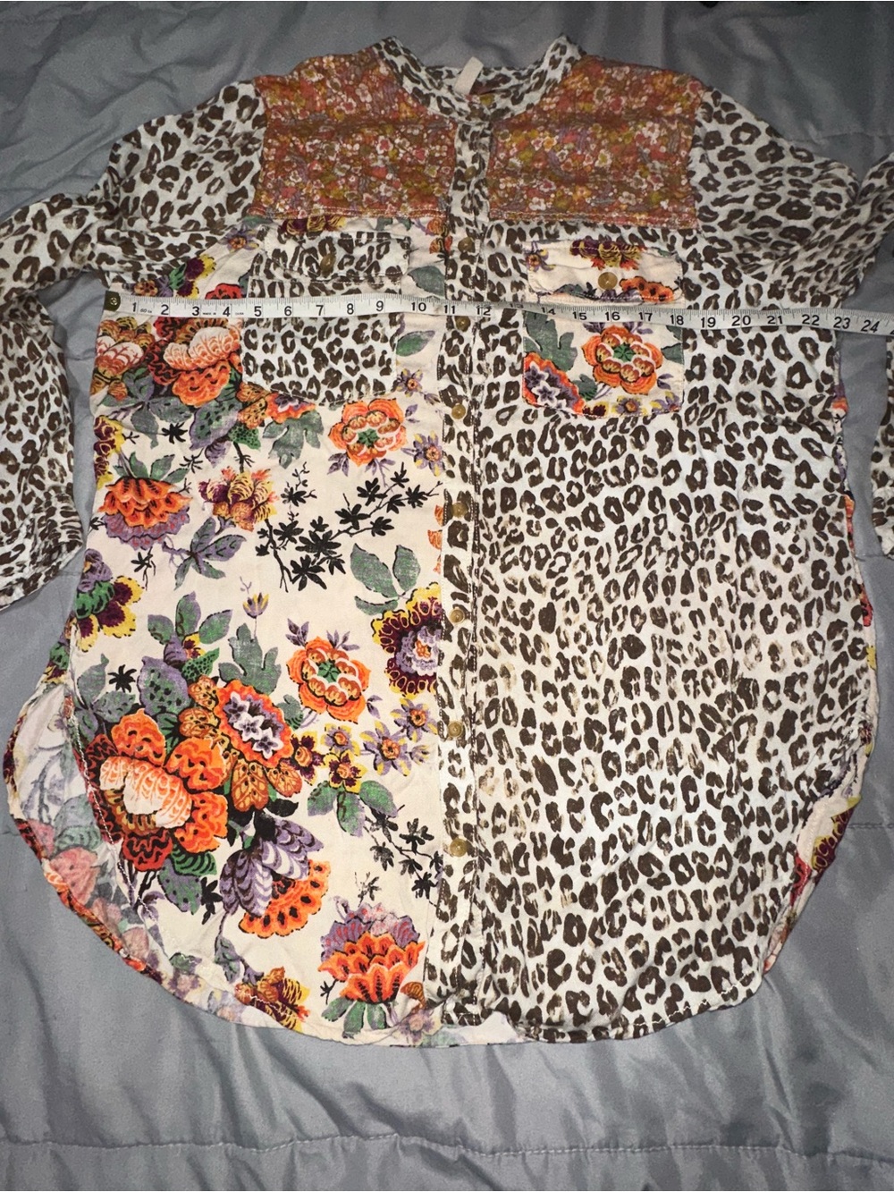 Anthropologie Pilcro Sz L Patchwork Button Up Blouse Floral Leopard Oversized - Picture 12 of 15